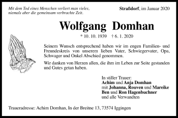 Traueranzeige von Wolfgang Domhan von Gmünder Tagespost
