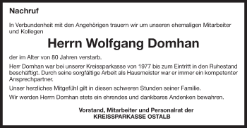 Traueranzeige von Wolfgang Domhan von Gmünder Tagespost