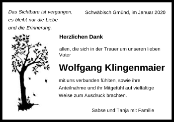 Traueranzeige von Wolfgang Klingenmaier von Gmünder Tagespost