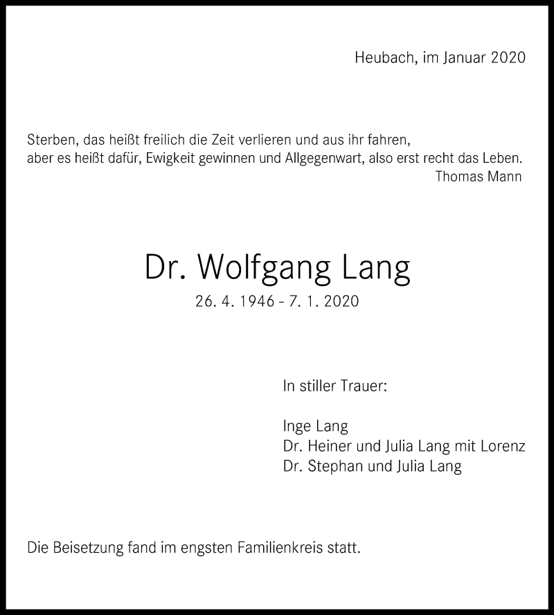  Traueranzeige für Wolfgang Lang vom 18.01.2020 aus Gmünder Tagespost