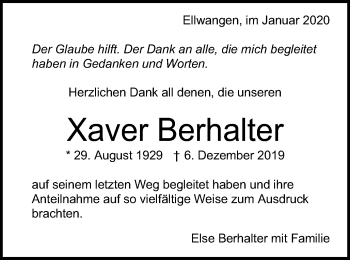 Traueranzeige von Xaver Berhalter von Schwäbische Post