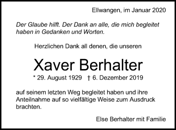 Traueranzeige von Xaver Berhalter