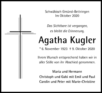 Traueranzeige von Agatha Kugler von Gmünder Tagespost