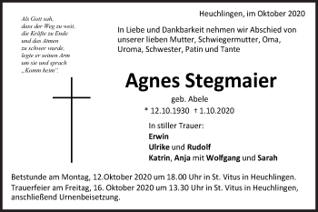 Traueranzeige von Agnes Stegmaier von Gmünder Tagespost