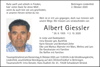 Traueranzeige von Albert Giessler von Gmünder Tagespost