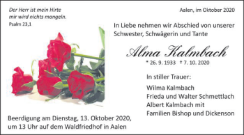 Traueranzeige von Alma Kalmbach von Schwäbische Post