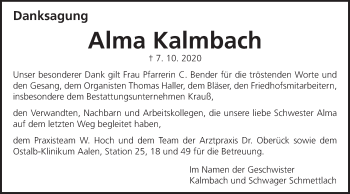 Traueranzeige von Alma Kalmbach von Schwäbische Post