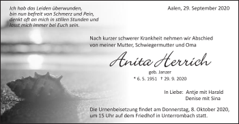Traueranzeige von Anita Herrich von Schwäbische Post