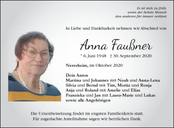 Traueranzeige von Anna Faußner von Schwäbische Post