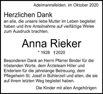 Traueranzeige von Anna Rieker von Schwäbische Post