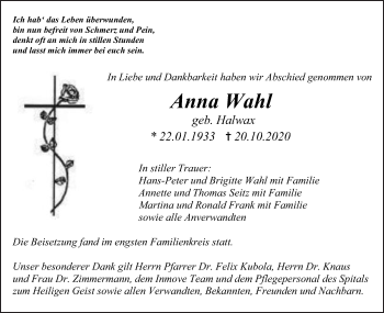 Traueranzeige von Anna Wahl von Gmünder Tagespost