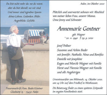 Traueranzeige von Annemarie Gentner von Schwäbische Post