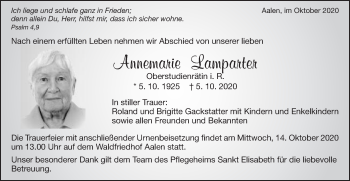 Traueranzeige von Annemarie Lamparter von Schwäbische Post