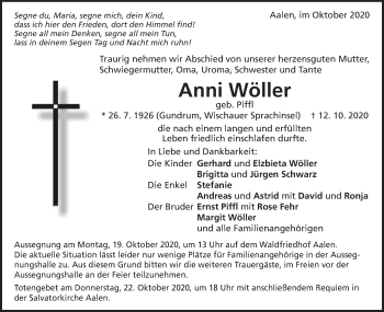 Traueranzeige von Anni Wöller  von Schwäbische Post