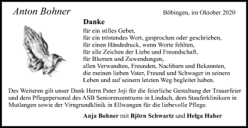 Traueranzeige von Anton Bohner von Gmünder Tagespost