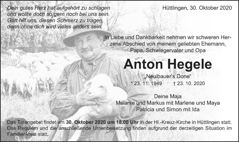  Traueranzeige für Anton Hegele  vom 30.10.2020 aus Schwäbische Post