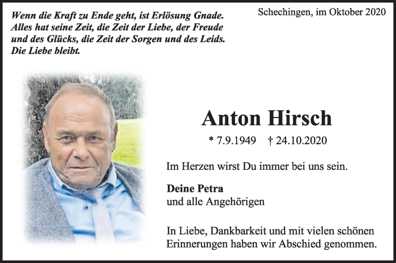  Traueranzeige für Anton Hirsch vom 30.10.2020 aus Gmünder Tagespost
