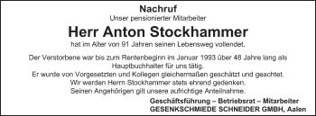 Traueranzeige von Anton Stockhammer von Schwäbische Post