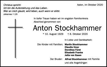 Traueranzeige von Anton Stockhammer von Schwäbische Post