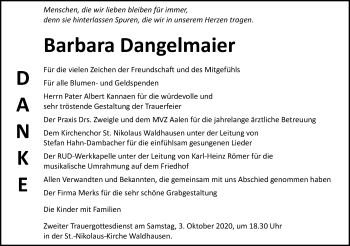 Traueranzeige von Barbara Dangelmaier von Schwäbische Post