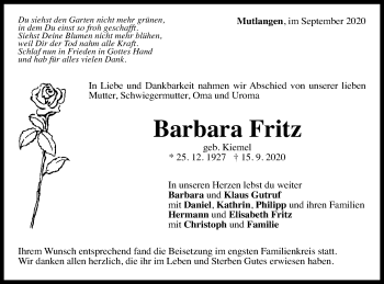 Traueranzeige von Barbara Fritz von Gmünder Tagespost