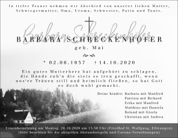 Traueranzeige von Barbara Schreckenhöfer von Schwäbische Post