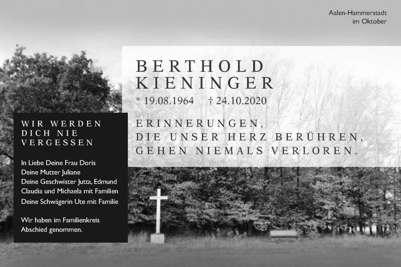  Traueranzeige für Berthold Kieninger vom 31.10.2020 aus Schwäbische Post