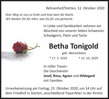 Traueranzeige von Betha Tonigold von Schwäbische Post