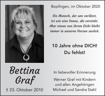 Traueranzeige von Bettina Graf von Bopfinger Stadtanzeiger