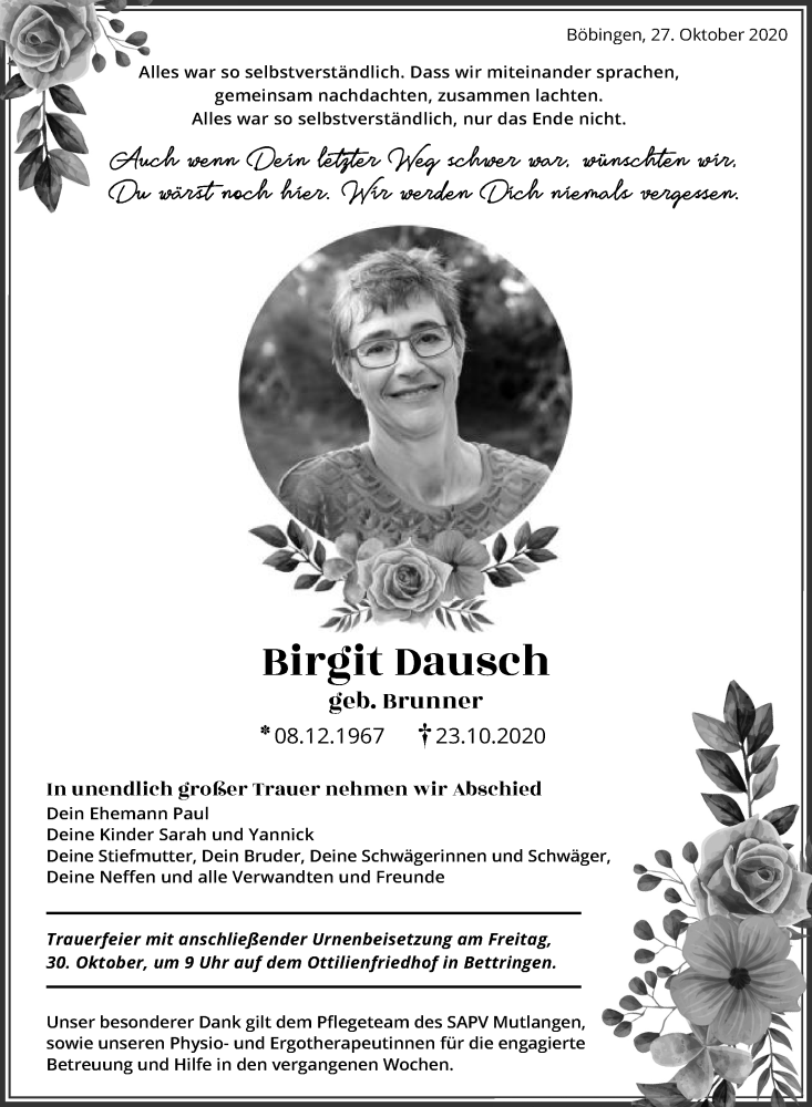  Traueranzeige für Birgit Dausch vom 28.10.2020 aus Gmünder Tagespost