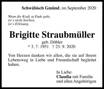 Traueranzeige von Brigitte Straubmüller von Gmünder Tagespost
