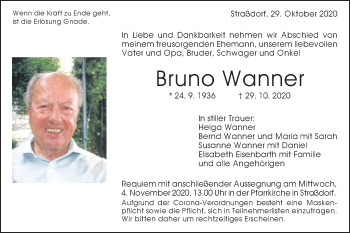 Traueranzeige von Bruno Wanner von Gmünder Tagespost