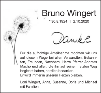Traueranzeige von Bruno Wingert von Amtsblatt_Oko