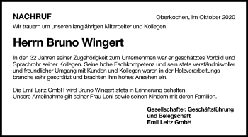 Traueranzeige von Bruno Wingert von Schwäbische Post