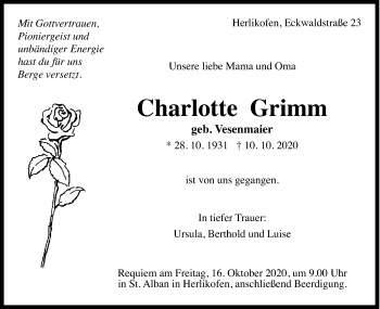 Traueranzeige von Charlotte Grimm von Gmünder Tagespost
