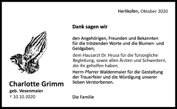Traueranzeige von Charlotte Grimm von Gmünder Tagespost