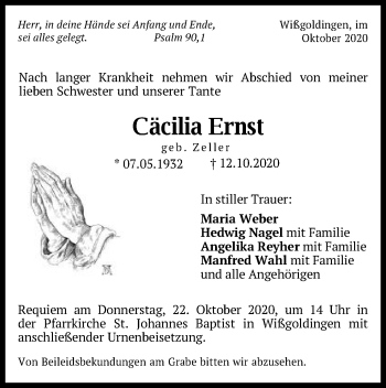 Traueranzeige von Cäcilia Ernst von Gmünder Tagespost