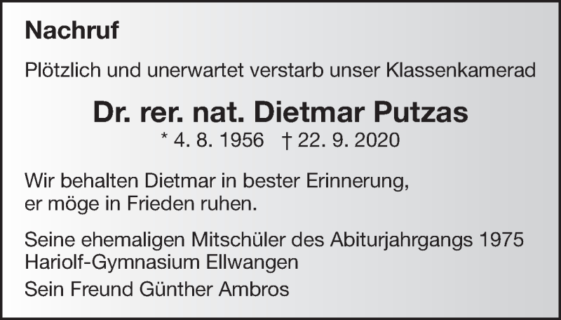  Traueranzeige für Dietmar Putzas vom 05.10.2020 aus Schwäbische Post
