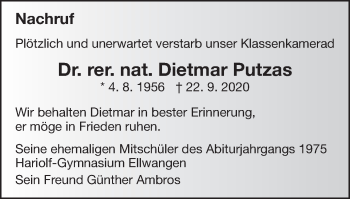Traueranzeige von Dietmar Putzas von Schwäbische Post