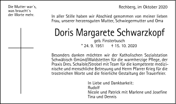 Traueranzeige von Doris Margarete Schwarzkopf von Gmünder Tagespost