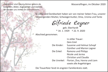 Traueranzeige von Elfriede Legner von Schwäbische Post