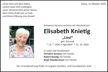 Traueranzeige von Elisabeth Knietig von Schwäbische Post