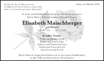 Traueranzeige von Elisabeth Maischberger von Schwäbische Post