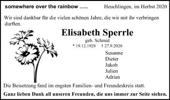Traueranzeige von Elisabeth Sperrle von Gmünder Tagespost