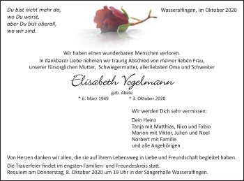 Traueranzeige von Elisabeth Vogelmann von Schwäbische Post