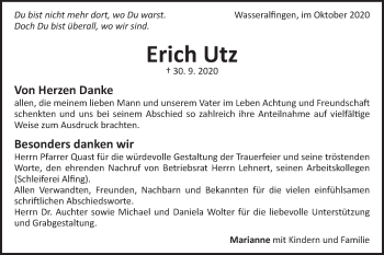 Traueranzeige von Erich Utz von Schwäbische Post