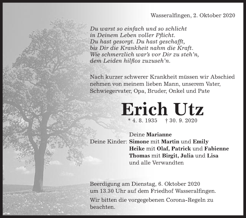  Traueranzeige für Erich Utz vom 02.10.2020 aus Schwäbische Post