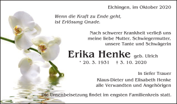 Traueranzeige von Erika Henke von Schwäbische Post