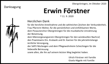 Traueranzeige von Erwin Förstner von Gmünder Tagespost