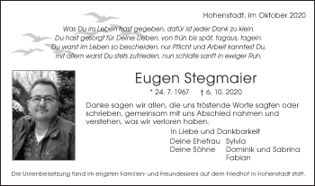 Traueranzeige von Eugen Stegmaier von Schwäbische Post